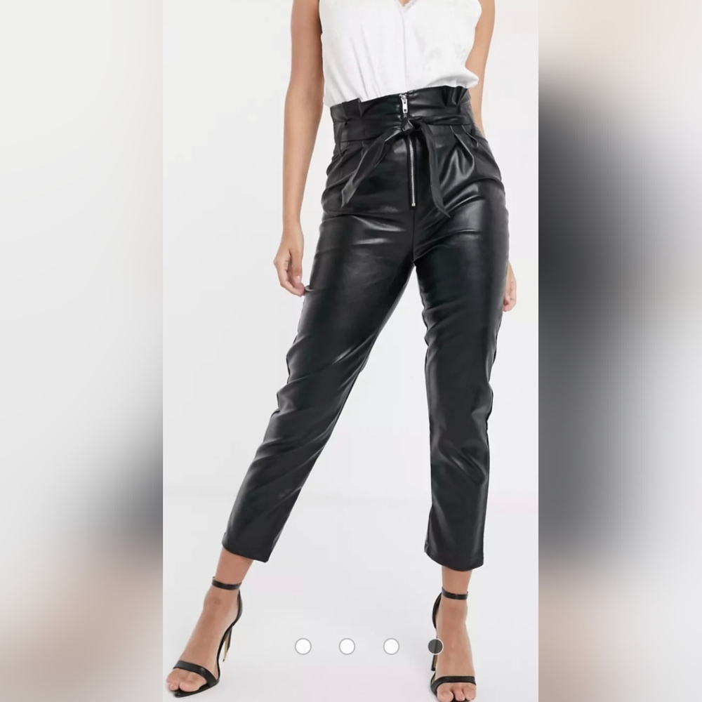 Parallel Lines Women Paperbag Faux Leather Pants Front Zip High Rise Black Small